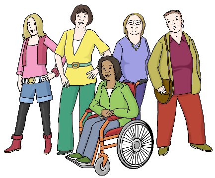 5 Personen sind abgebildet. Hinten posieren4 Personen mit Händen in den Hüften. Sie lächeln. Davor sitzt eine Person im Rollstuhl.